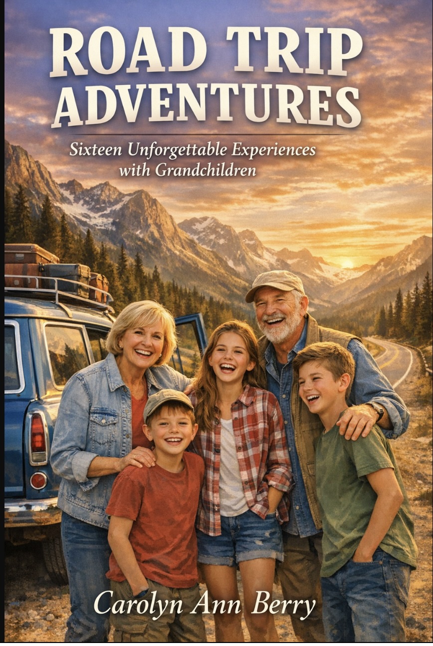 grandparents and grandchildren are in the foreground. Their SUV loaded with luggage is in the background as is a mountain range. This is a temporary image; not the actual book cover.