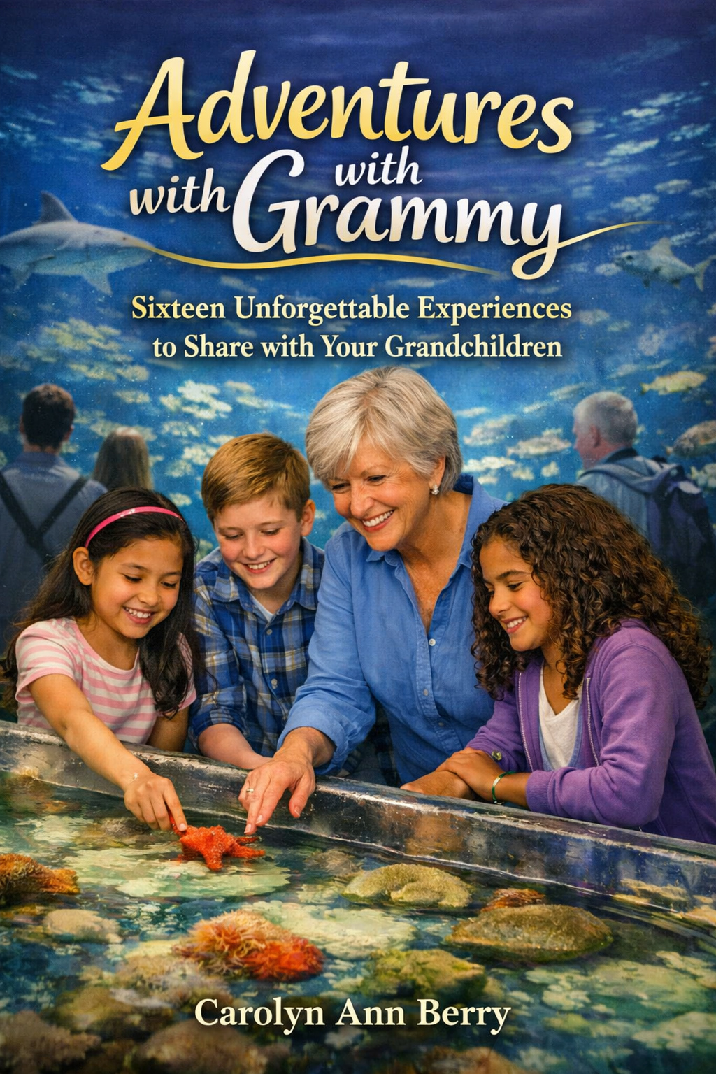 grandparents and grandchildren are in the foreground. Their SUV loaded with luggage is in the background as is a mountain range. This is a temporary image; not the actual book cover.